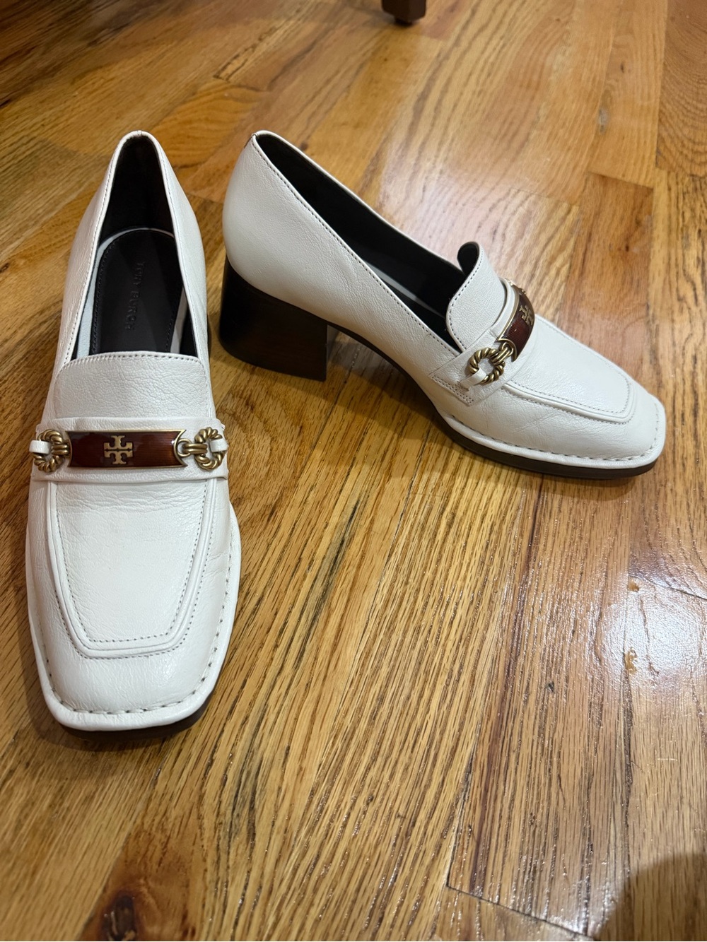 Tory Burch Cream Leather Mid Block Heel Loafers with Brown Strap & Gold Hardware